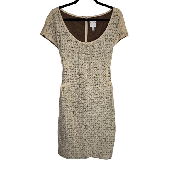 NWT Kate Hill Beige‎ & Brown Lace Dress Bow Tie Waist Cottagecore Prairie Sz 14P - Picture 3 of 12